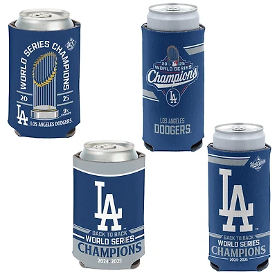 WinCraft Los Angeles Dodgers Back-To-Back World Series Champions Four-Pack 12oz. Can & Slim Can Cooler Set