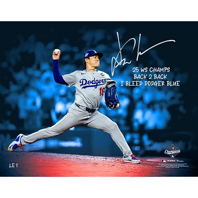 One of One: Yoshinobu Yamamoto Los Angeles Dodgers Autographed 2025 MLB World Series Champions Spotlight Photo with Multiple Inscriptions