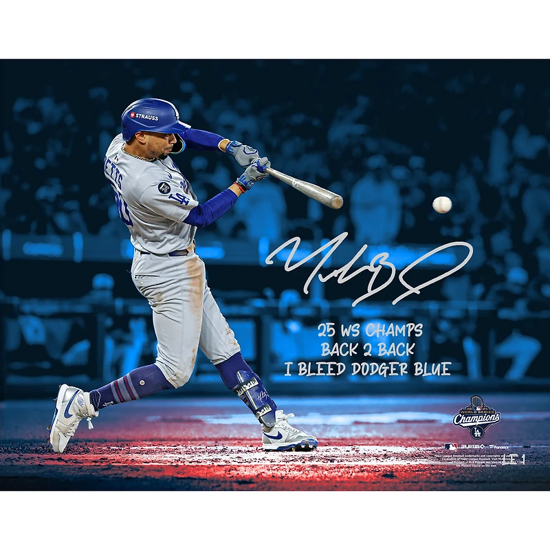One of One: Mookie Betts Los Angeles Dodgers Autographed 2025 MLB World Series Champions Spotlight Photo with Multiple Inscriptions