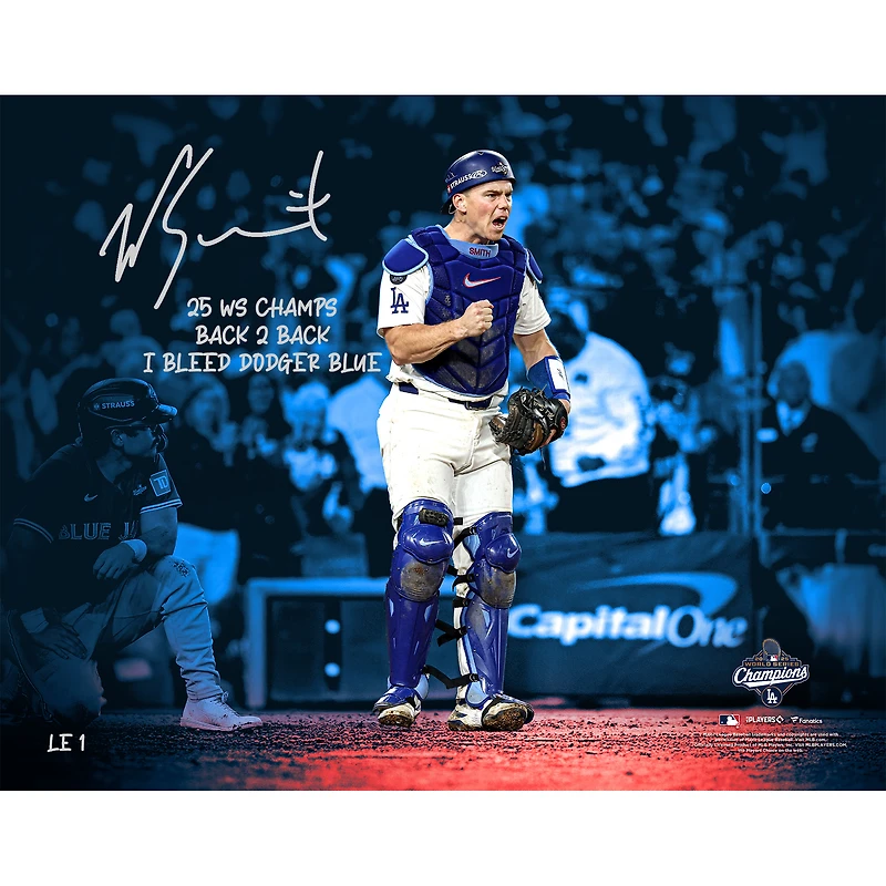 One of One: Will Smith Los Angeles Dodgers Autographed 2025 MLB World Series Champions Spotlight Photo with Multiple Inscriptions