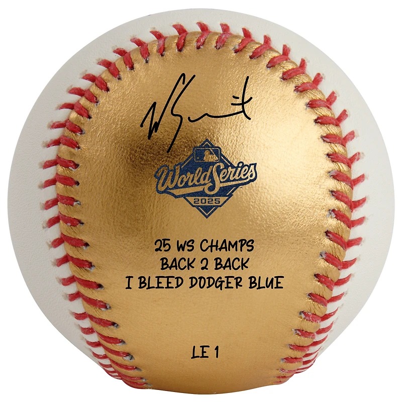 One of One: Will Smith Los Angeles Dodgers Autographed Rawlings 2025 MLB World Series Champions Baseball with Multiple Inscriptions