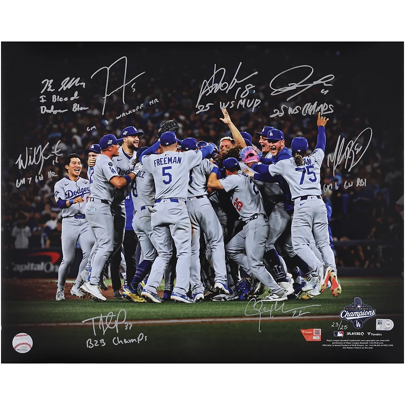 Los Angeles Dodgers 2025 World Series Champions Autographed 16" x 20" Celebration Photograph with 8 Signatures & Multiple Inscriptions - Limited Edition of 25