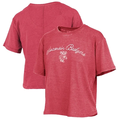 Women's Pressbox  Red Wisconsin Badgers Vintage Waist Length Script Over Logo T-Shirt