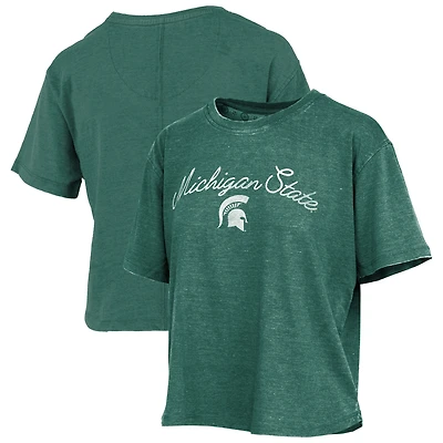 Women's Pressbox  Green Michigan State Spartans Vintage Waist Length Script Over Logo T-Shirt