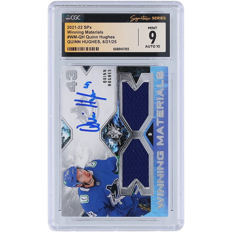 Quinn Hughes Vancouver Canucks Autographed 2021-22 Upper Deck SPx Winning Materials GU Relic #WM-QH CGC Fanatics Witnessed Authenticated /10 Card