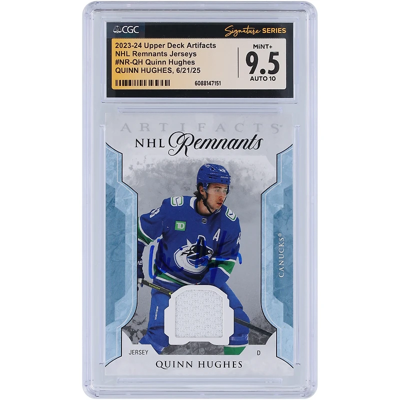 Quinn Hughes Vancouver Canucks Autographed 2023-24 Upper Deck Artifacts NHL Remnants GU Relic #NR-QH CGC Fanatics Witnessed Authenticated 9.5/10 Card