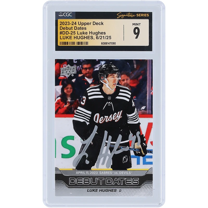Luke Hughes New Jersey Devils Autographed 2023-24 Upper Deck Series 1 Debut Dates #DD-25 CGC Fanatics Witnessed Authenticated Mint 9 Rookie Card