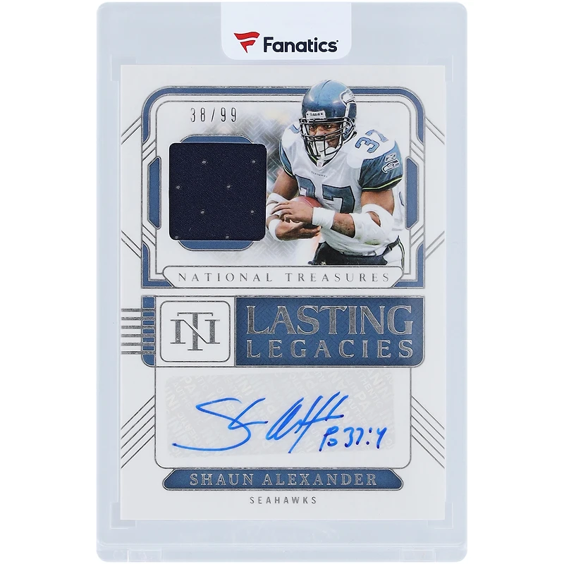 Shaun Alexander Seattle Seahawks Autographed 2024 Panini National Treasures Lasting Legacies Jersey Relic #LL-SAR #38/99 Card