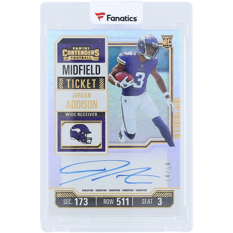 Jordan Addison Minnesota Vikings Autographed 2023 Panini Contenders Optic Midfield Ticket #120 #14/50 Rookie Card