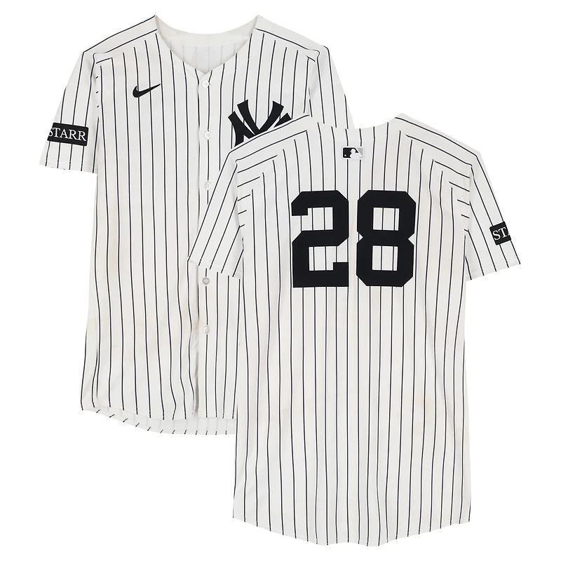 Austin Wells New York Yankees Game-Used #28 White Pinstripe Nike Jersey vs. Toronto Blue Jays on October 8, 2025 - ALDS Game 4