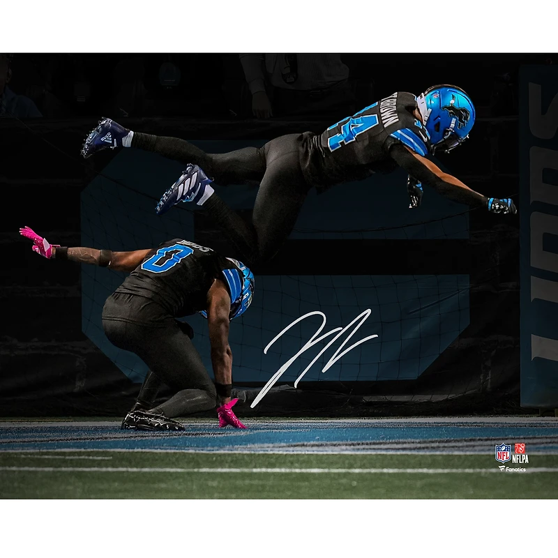 Jahmyr Gibbs Detroit Lions Autographed 8" x 10" 2025 Week 7 Touchdown Celebration Leap Spotlight Photograph