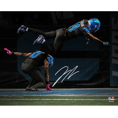 Jahmyr Gibbs Detroit Lions Autographed 16" x 20" 2025 Week 7 Touchdown Celebration Leap Spotlight Photograph