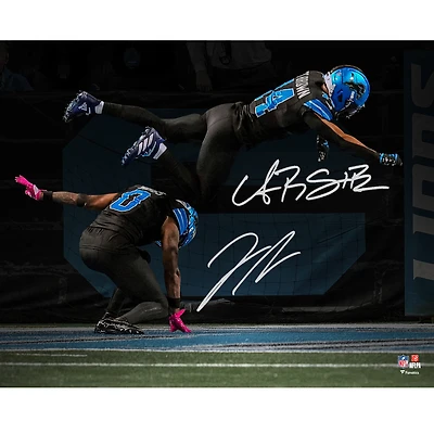 Jahmyr Gibbs & Amon-Ra St. Brown Detroit Lions Autographed 16" x 20" 2025 Week 7 Touchdown Celebration Leap Spotlight Photograph