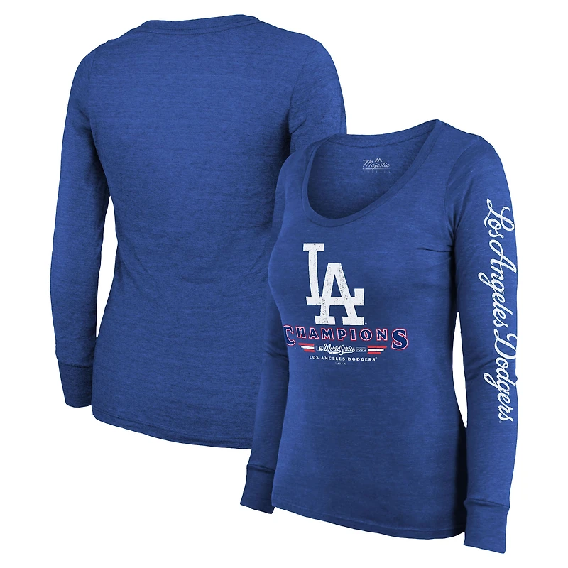 Women's Majestic Threads  Royal Los Angeles Dodgers 2025 World Series Champions Tri-Blend Long Sleeve Scoop Neck T-Shirt