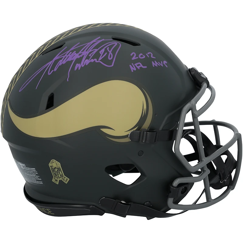 Adrian Peterson Minnesota Vikings Autographed Riddell 2025 Salute To Service Speed Authentic Helmet with "2012 NFL MVP" Inscription - Signed in Purple Ink