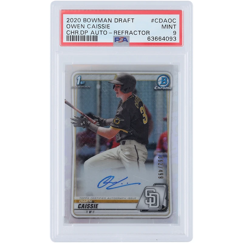Owen Caissie San Diego Padres Autographed 2020 Bowman Chrome 1st Bowman Refractor #CDA-OS #362/499 PSA Authenticated 9 Card