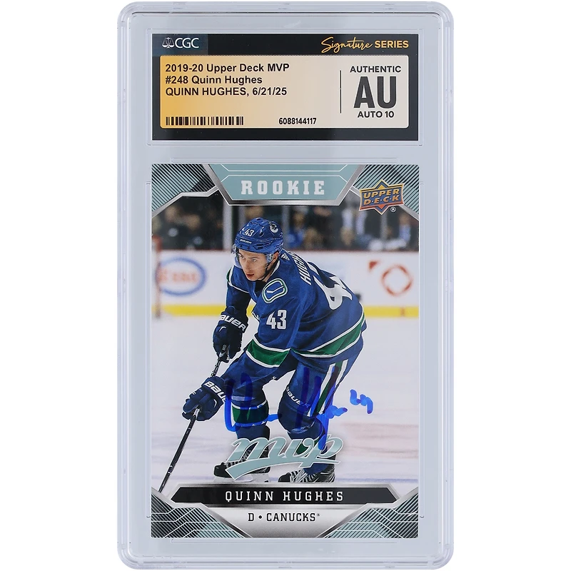 Quinn Hughes Vancouver Canucks Autographed 2019-20 Upper Deck MVP #248 CGC Fanatics Witnessed Authenticated Auto 10 Rookie Card
