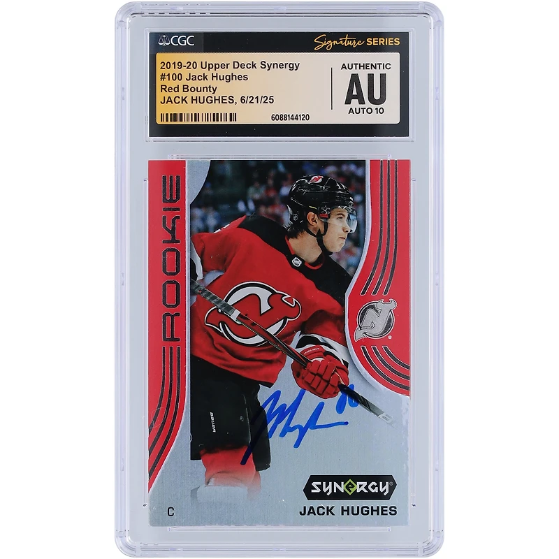 Jack Hughes New Jersey Devils Autographed 2019-20 Upper Deck Synergy Red Bounty #100 CGC Fanatics Witnessed Authenticated Auto 10 Rookie Card