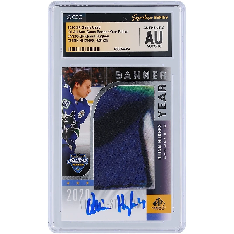 Quinn Hughes Vancouver Canucks Autographed 2020 Upper Deck SP Game Used Tri-Color Relic #AS20-QH CGC Fanatics Witnessed Authenticated Auto 10 Card