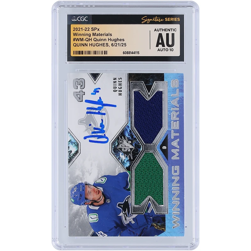 Quinn Hughes Vancouver Canucks Autographed 2021-22 Upper Deck SPx Winning Materials GU Dual-Color Relic #WM-QH CGC Fanatics Witnessed Authenticated Auto 10 Card