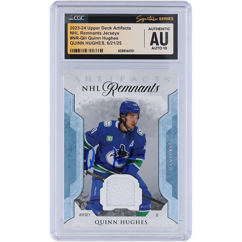 Quinn Hughes Vancouver Canucks Autographed 2023-24 Upper Deck Artifacts NHL Remnants GU Relic #NR-QH CGC Fanatics Witnessed Authenticated Auto 10 Card