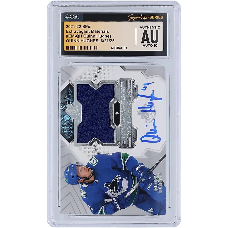 Quinn Hughes Vancouver Canucks Autographed 2021-22 Upper Deck SPx Extravagant Materials Relic #EM-QH CGC Fanatics Witnessed Authenticated Auto 10 Card