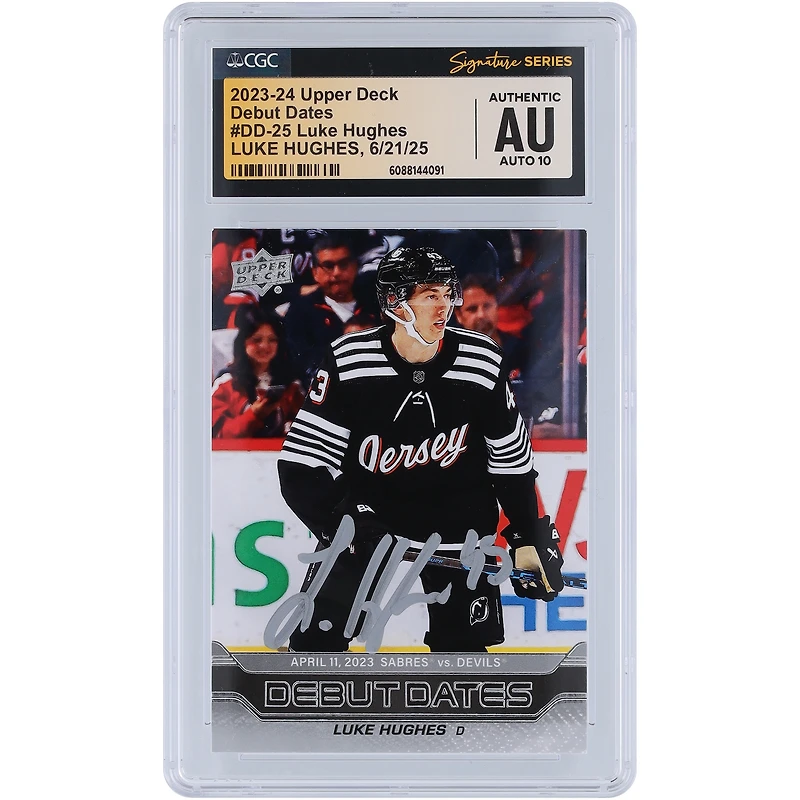 Luke Hughes New Jersey Devils Autographed 2023-24 Upper Deck Series 1 Debut Dates Silver Ink #DD-25 CGC Fanatics Witnessed Authenticated Auto 10 Rookie Card