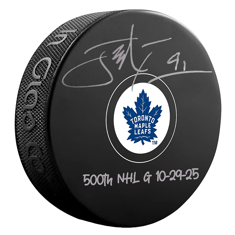 John Tavares Toronto Maple Leafs Autographed Hockey Puck with "500th NHL G 10-29-25" Inscription