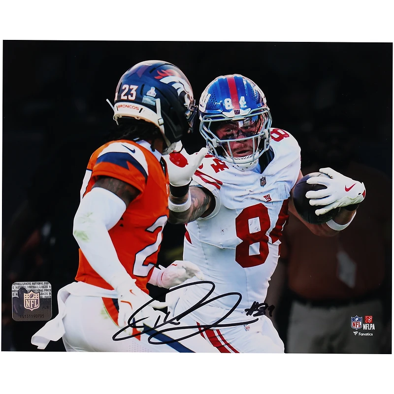 Theo Johnson New York Giants Autographed 8" x 10" Stiff Arm Spotlight Photograph