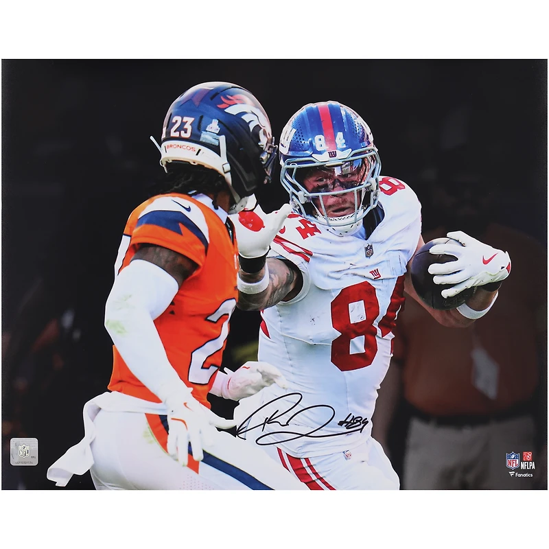Theo Johnson New York Giants Autographed 16" x 20" Stiff Arm Spotlight Photograph