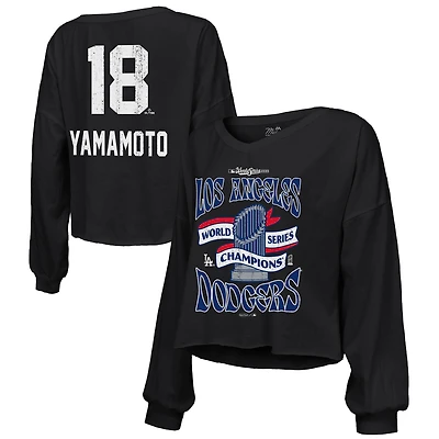 Women's Majestic Threads Yoshinobu Yamamoto Black Los Angeles Dodgers 2025 World Series Champions Off-Shoulder Long Sleeve V-Neck T-Shirt