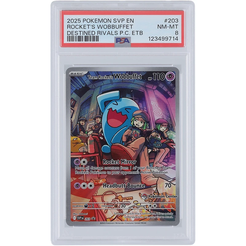 Team Rocket's Wobbuffet 2025 Pokemon Destined Rivals Pokemon Center ETB Promo #203 PSA Authenticated 8 Card