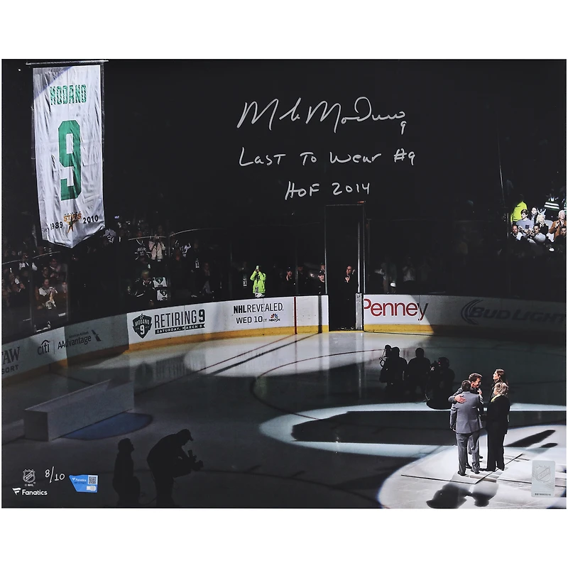 Mike Modano Dallas Stars Autographed 16" x 20" Jersey Retirement Night Photograph with Multiple Inscriptions - Limited Edition of 10