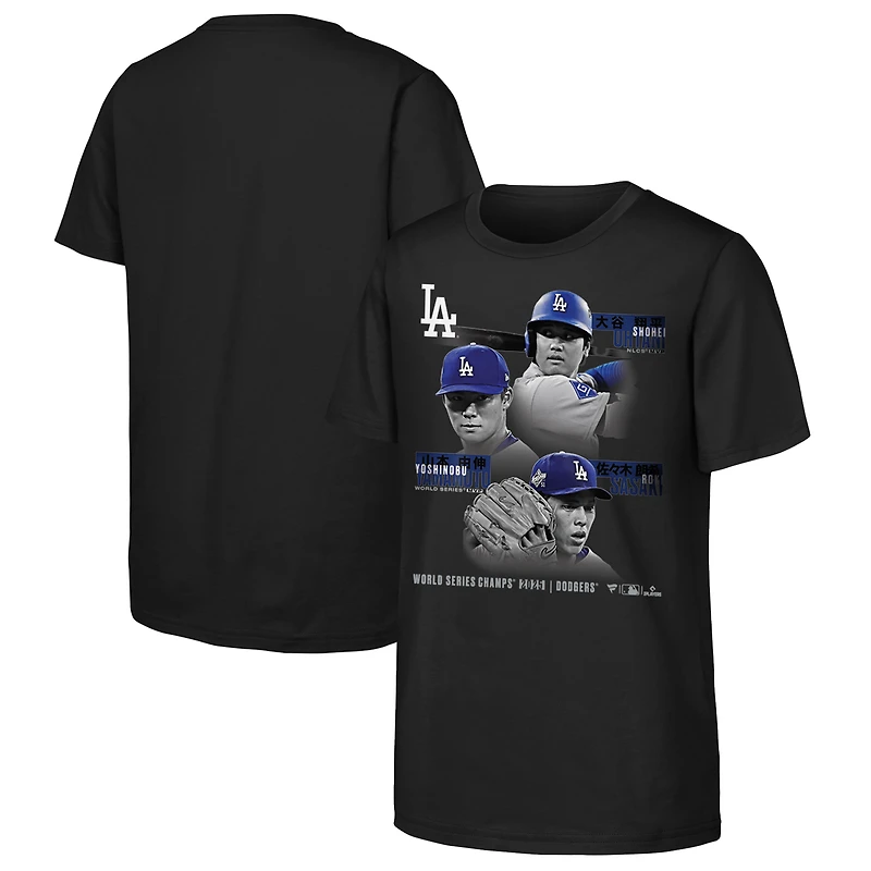 Youth Yoshinobu Yamamoto, Shohei Ohtani & Roki Sasaki Black Los Angeles Dodgers 2025 World Series Champions Historic Performances T-Shirt