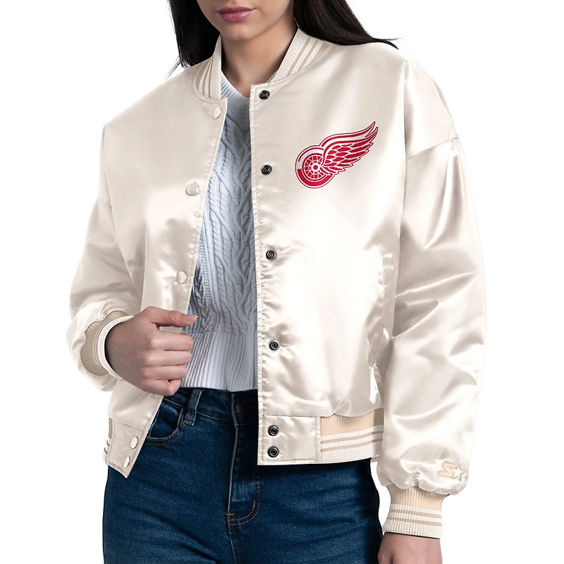 Women's Starter Cream Detroit Red Wings Arch Stripe Satin Full-Snap Varsity Jacket