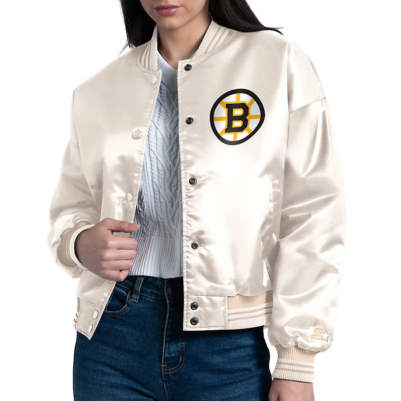 Women's Starter  Cream Boston Bruins Arch Stripe Satin Full-Snap Varsity Jacket