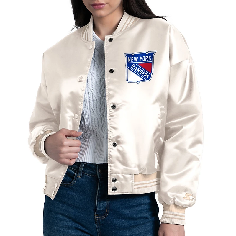 Women's Starter Cream New York Rangers Arch Stripe Satin Full-Snap Varsity Jacket