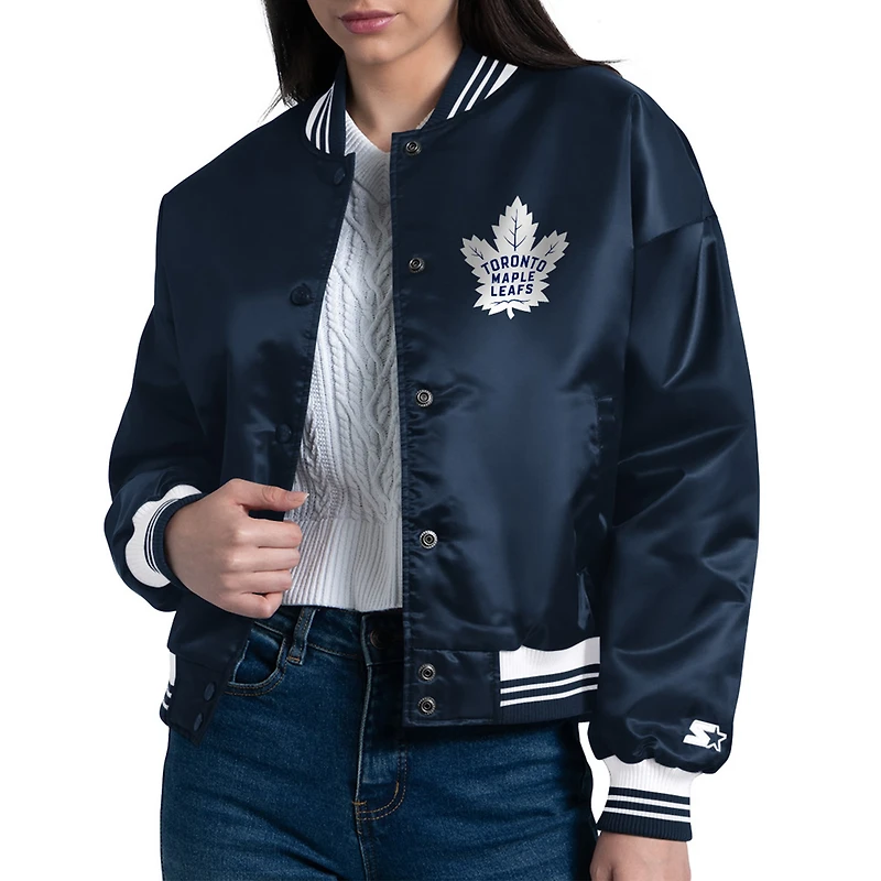 Women's Starter Navy Toronto Maple Leafs Arch Stripe Satin Full-Snap Varsity Jacket