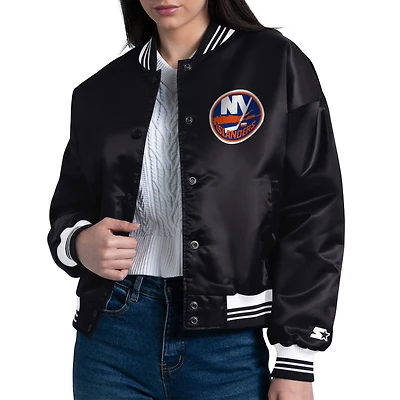 Women's Starter  Black New York Islanders Arch Stripe Satin Full-Snap Varsity Jacket