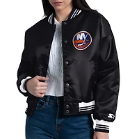 Women's Starter  Black New York Islanders Arch Stripe Satin Full-Snap Varsity Jacket