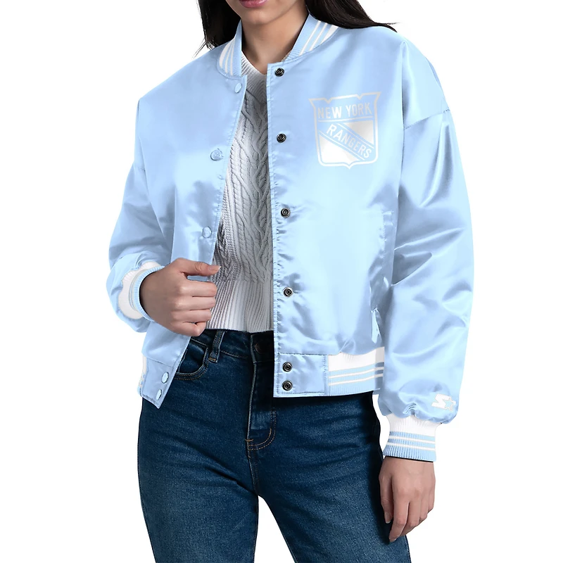 Women's Starter Blue New York Rangers Fashion Script Satin Full-Snap Varsity Jacket