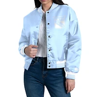 Women's Starter Blue New York Rangers Fashion Script Satin Full-Snap Varsity Jacket