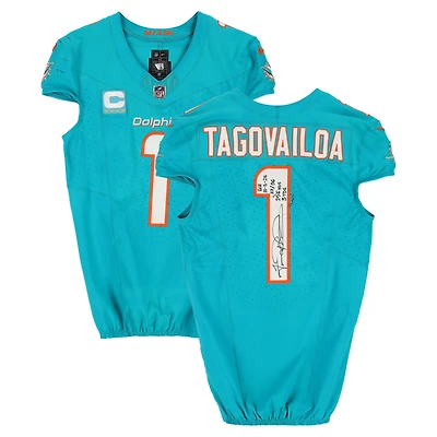 Tua Tagovailoa Miami Dolphins Autographed Game-Used #1 Aqua Nike Jersey vs. Carolina Panthers on October 5, 2025 with Multiple Inscriptions
