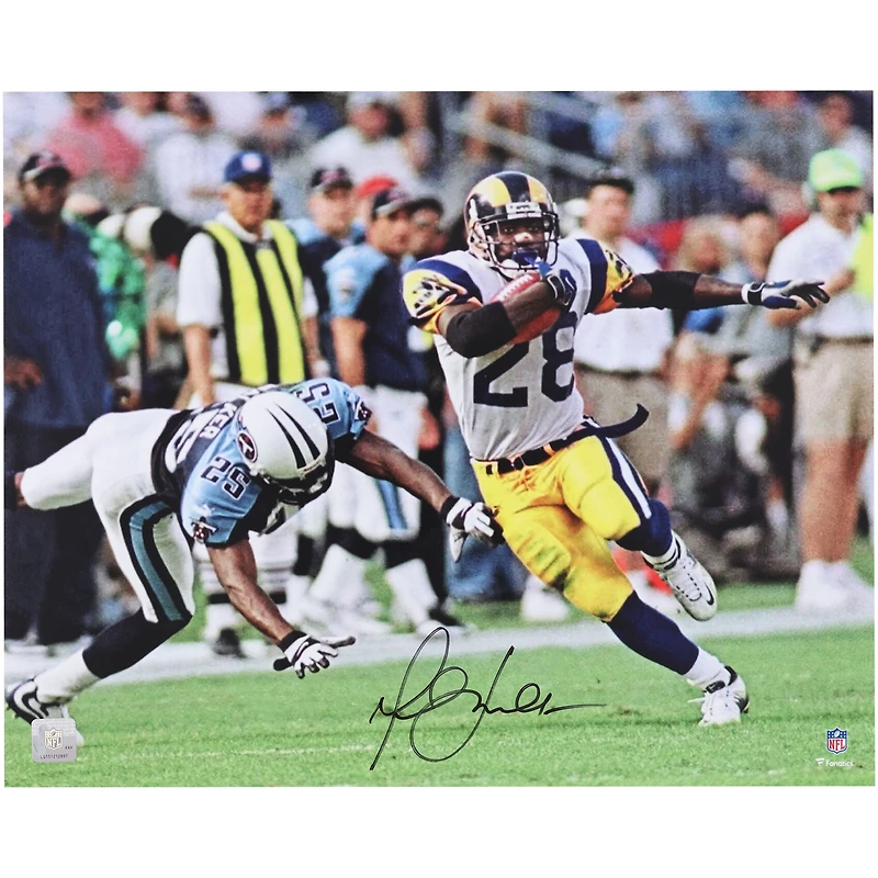 Marshall Faulk St. Louis Rams Autographed 16" x 20" Juking Titans Defender Photograph
