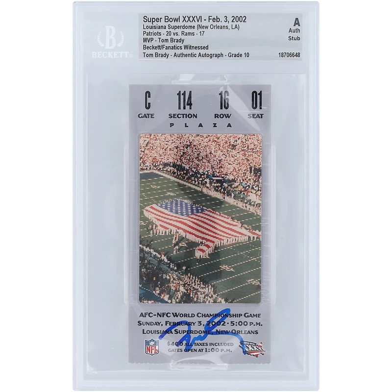 Tom Brady New England Patriots Autographed Super Bowl XXXVI Champs SB MVP Stub Beckett Fanatics Witnessed Authenticated Auto 10 Ticket from February 3, 2002