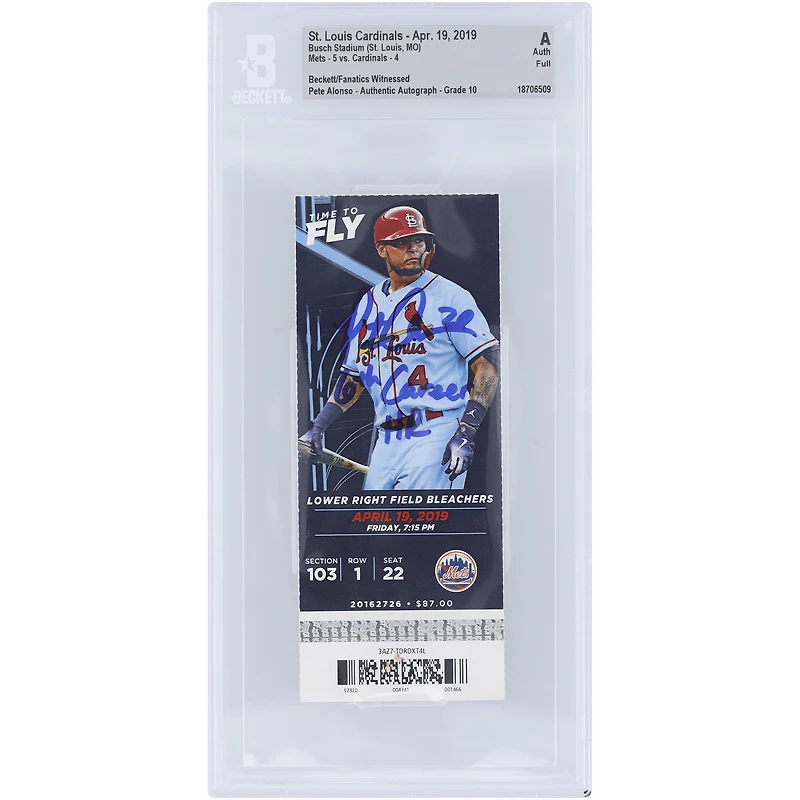 Pete Alonso New York Mets Autographed 6th Career HR Beckett Fanatics Witnessed Authenticated Auto 10 Ticket from April 19