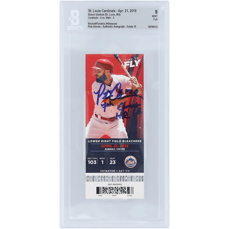 Pete Alonso New York Mets Autographed 7th Career HR Beckett Fanatics Witnessed Authenticated 9/10 Ticket from April 21, 2019 with "7th Career HR" Inscription