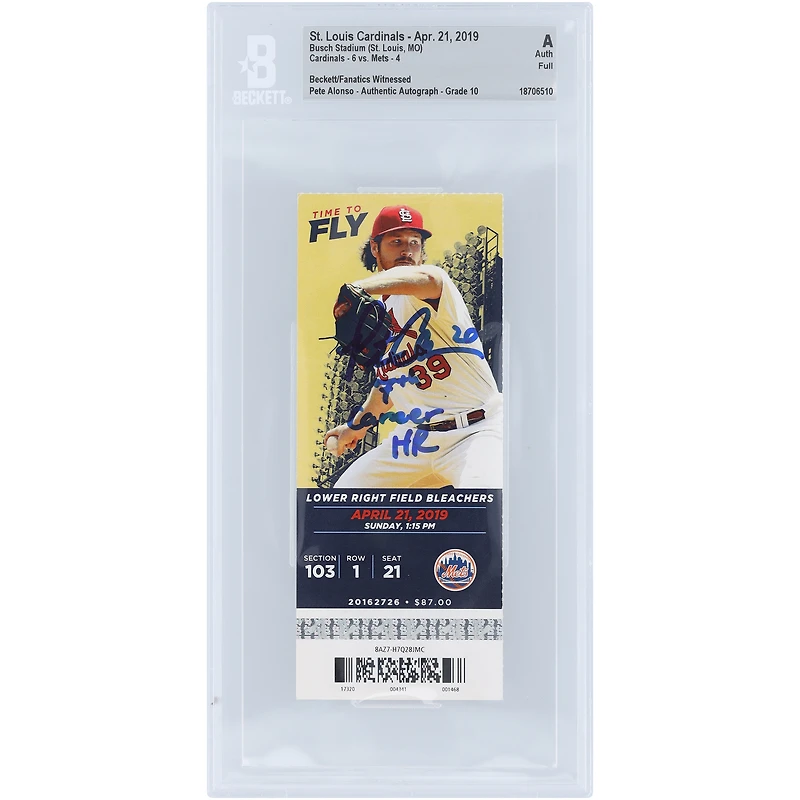 Pete Alonso New York Mets Autographed 7th Career HR Beckett Fanatics Witnessed Authenticated Auto 10 Ticket from April 21