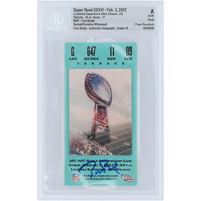 Tom Brady New England Patriots Autographed Super Bowl XXXVI Champs SB MVP Stub Beckett Fanatics Witnessed Authenticated Auto 10 Ticket from February 3