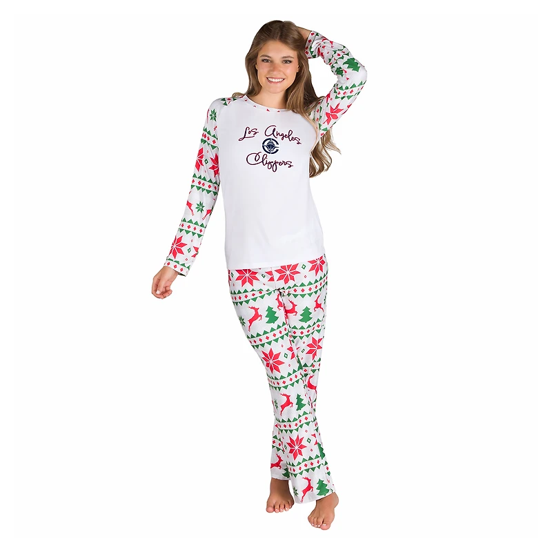 Women's Concepts Sport White LA Clippers Tidings All-Over Print Knit Long Sleeve Top & Pants Set